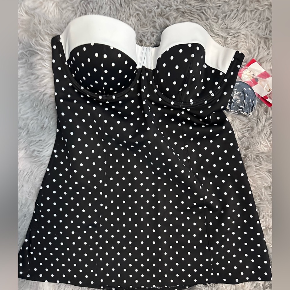 Spanx black and white polka dot swim dress